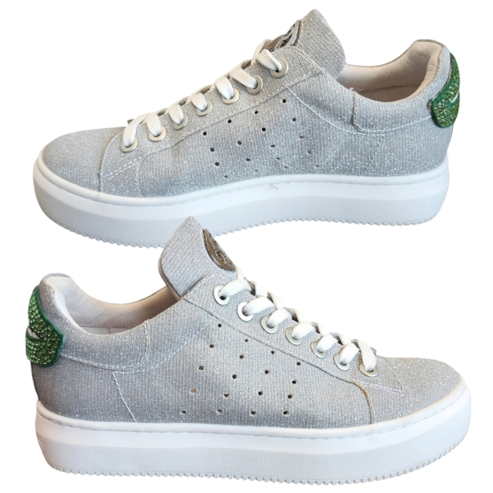 Staccato Sparkly Silver Sneakers with FUNKY‎ Green Mouth Design Women’s Sneakers - Picture 3 of 12